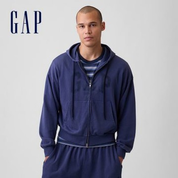 【GAP】VintageSoft寬版Gap Logo拉鍊帽T外套-復古深藍(907601)