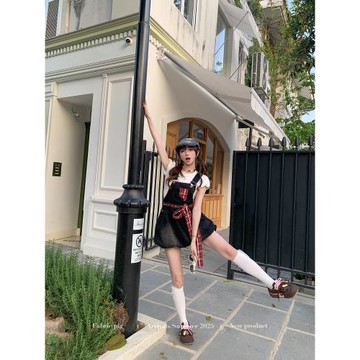 織物豬 反叛甜心 甜酷風牛仔背帶裙女小個子黑色減齡花苞連衣短裙