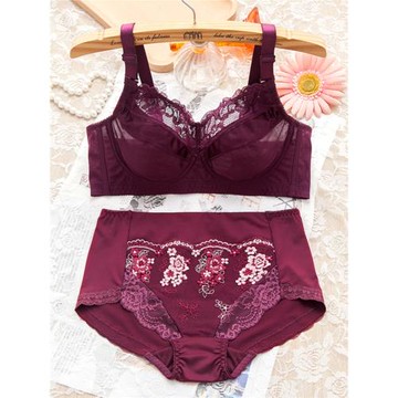 大胸顯小全罩杯文胸套裝胖MM胸罩側收副乳紅色本歷年薄款大碼內衣