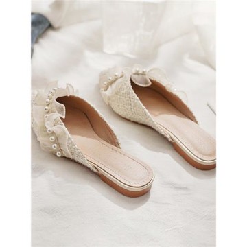 2025年夏季新款無后跟懶人鞋網紅尖頭平底包頭小香風半拖鞋女外穿