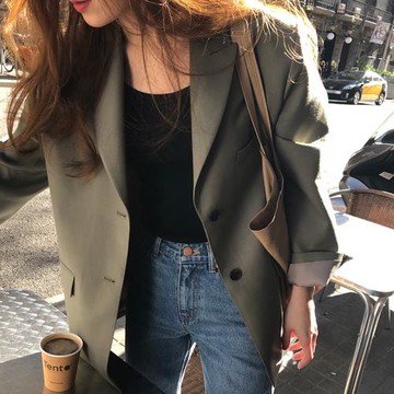 2025春秋西裝外套女新款韓版寬松港風網紅面試黑色西服上衣小個子