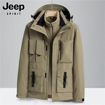 吉普春季新款夾克男士新款潮流三合一可拆卸工裝搖粒絨內膽外套男