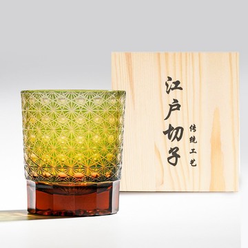 日式江戶切子 琥珀綾光手工切割威士忌杯 綠色 客製化刻字 送爸爸