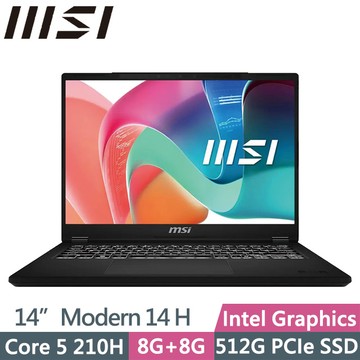 MSI Modern 14 H D2RMG-428TW 黑(Core 5 210H/8G+8G/512G SSD/14吋FHD+/Win11)商務筆電