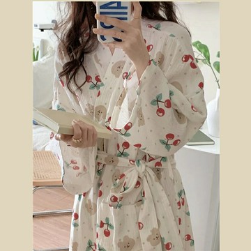 浴袍 四季通用浴衣甜美可愛小熊少女睡袍夏天長款睡裙長袖家居服