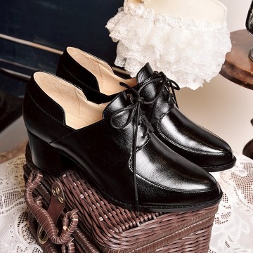 原皮黑色 全真皮綁帶樂福粗跟踝靴 女鞋 台灣製 台灣手工鞋