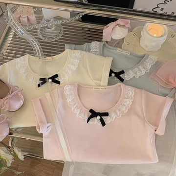 mori🎀mori圓領拼接蕾絲花邊蝴蝶結短袖夏季設計感上衣甜美T恤女童百搭打底