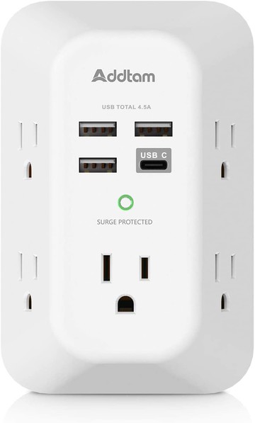USB 壁式充電器電湧保護器 5 插座擴展器，帶 4 個 USB 充電端口（1 個 USB C 插座） 3 面
