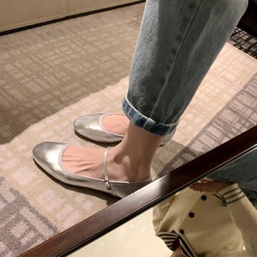 羊皮版~溫柔真皮一字帶平底瑪麗珍鞋女春圓頭淺口單鞋銀色小皮鞋