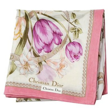 Christian DIOR 白底粉邊鬱金香 CD 緞帶字母LOGO帕領巾(49CM)