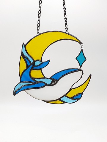 彩色玻璃鯨魚捕夢網彩色玻璃月亮裝飾品海洋捕日者