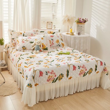 韓式公主風花邊床蓋單件夾棉加厚床單三件套田園風小碎花可愛床裙