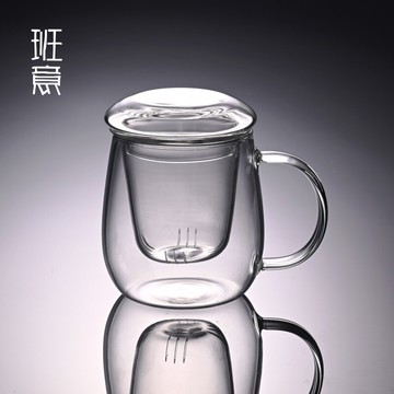班意 玻璃泡茶杯三件套 居家辦公帶蓋過濾水杯耐高溫綠茶杯馬克杯