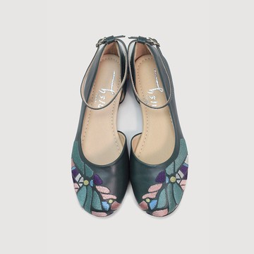 【HSIU創意手工繡花鞋】刺繡簍空平底鞋｜輿圖鞋 (墨綠) U1201