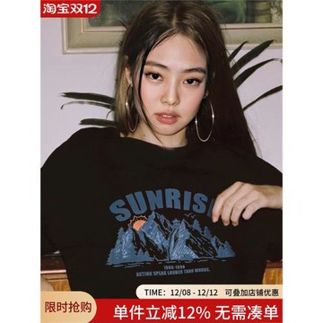 jennie金智妮同款復古港風chic黑色短袖女夏季慵懶風寬松t恤純棉