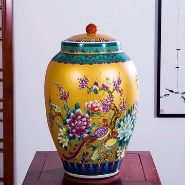 aj241景德鎮歡暢陶瓷器百鳥朝鳳將軍罐 花鳥米缸 居家裝飾擺件