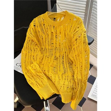 小眾設計感鏤空套頭毛衣男款潮流ins寬松休閑破洞針織罩衫上衣