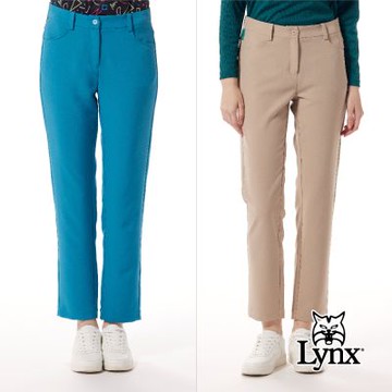 【Lynx Golf】女款日本進口面料速乾抗皺防UV機能後腰織帶剪接造型窄筒九分褲(二色)