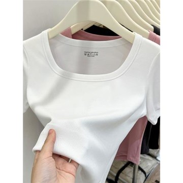 方領短袖t恤女夏季新款時髦洋氣純色短款上衣螺紋2025打底衫女潮