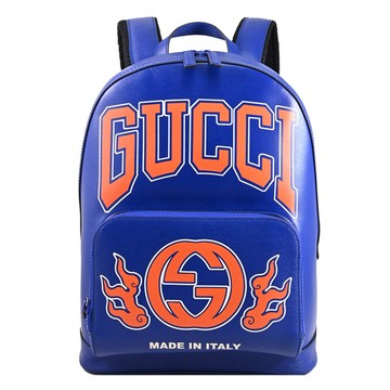 GUCCI 704017 龍年限定火焰圖騰LOGO皮革大後背包.寶藍
