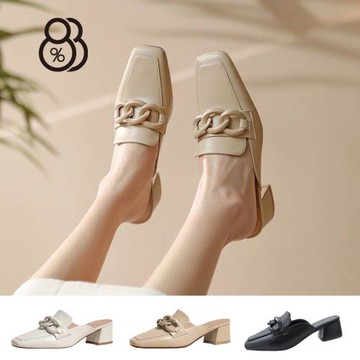 【88%】4.5cm穆勒鞋 優雅氣質鍊條飾釦 皮革方頭粗跟半包鞋 懶人鞋