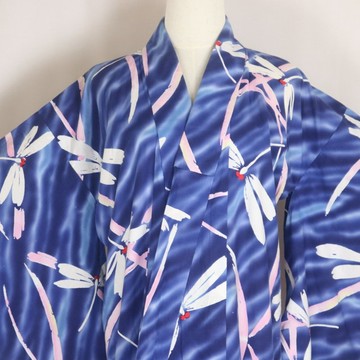 復古日式浴衣 女款 藍色 蜻蜓圖案 夏季和服 手工縫製 輕便長袍