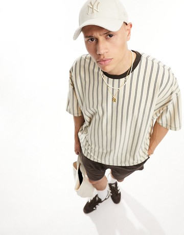 ASOS DESIGN oversized t-shirt in beige vertical stripe-Neutral