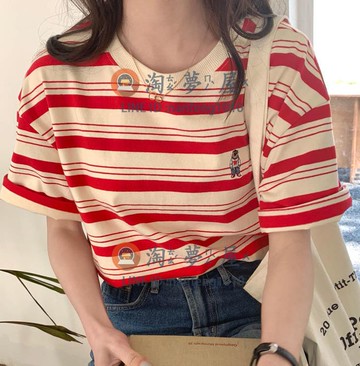 圓領正肩短袖t恤港味甜美條紋女夏季寬鬆松oversize【淘夢屋】