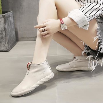 秋季薄款單靴2024新款短靴平底真皮百搭高幫鞋白色軟底及裸靴秋鞋