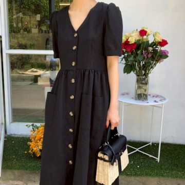 [米蘭精品] 洋裝短袖連身裙-復古棉麻單排扣長款女裙子2色74kf21
