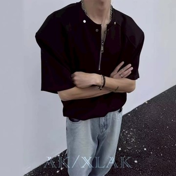 【AK】韓版男士個性拉鍊短袖T恤|寬鬆街頭休閒百搭運動風|顯瘦簡約上衣|素色落肩oversize衣服|潮流顯白T