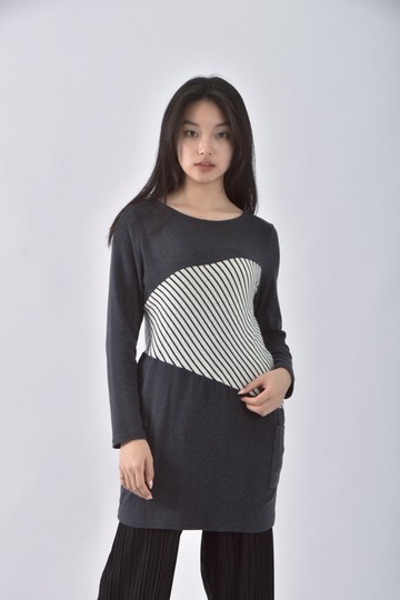 (S) hey girl韓牌條紋灰色長袖上衣