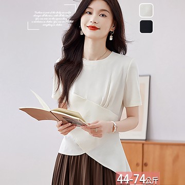 圓領純色交叉收腰開衩不規則上衣(2色) M-3XL【675626X】【現+預】☆流行前線☆
