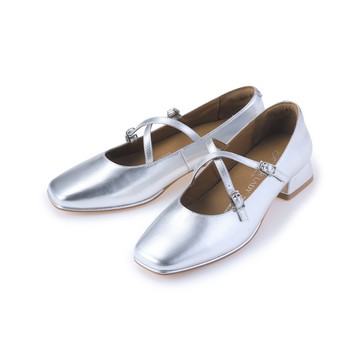 小時光 文藝交叉繞帶低跟瑪莉珍鞋 銀箔 (6B3087)