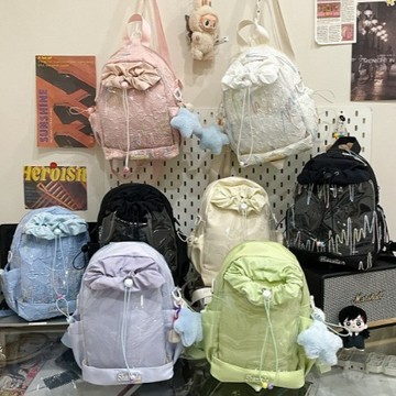💗台灣現貨  韓版雙肩包 休閒束口後背包 水桶包 刺繡款 雙肩包 輕巧後背包 少女背包