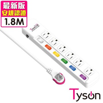 Tyson太順電業 TS-366AS 3孔6切6座延長線(拉環扁插)-1.8米