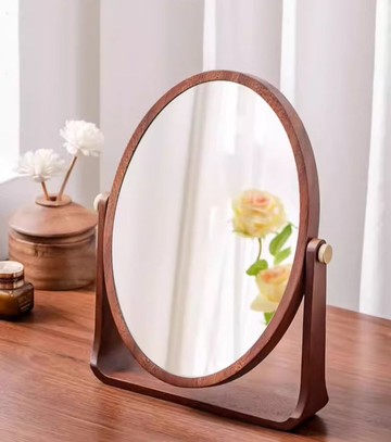 女友禮物 胡桃木化妝鏡  高清可旋轉桌面鏡