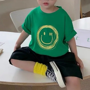 潮童必備~純棉童裝短袖夏季新款笑臉可愛印花上衣男童女童圓領T恤兒童 童裝 兒童上衣 兒童短袖 男童短袖T恤 兒童休閒上衣