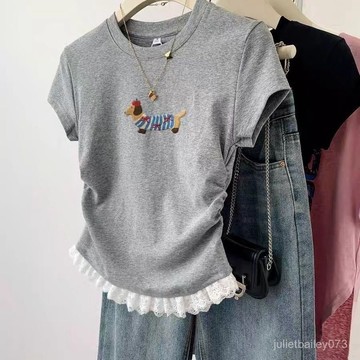 ♡ 𝑪𝒉𝒊𝒄 𝒖 ♡灰色蕾絲花邊小狗短袖T恤女夏季2025夏款小個子短款正肩收腰上衣