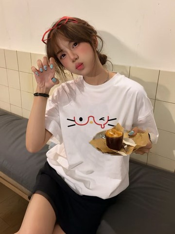 白色短袖女上衣夏日精緻設計感小眾女生上衣 印花寬鬆情侶短袖T 上衣女 美式t  韓版T 大學T新款寬鬆巨好看的小衫夏季