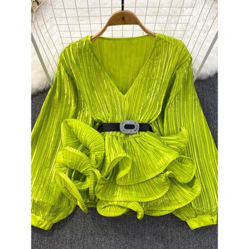 2025春秋歐美燈籠長袖V領寬松遮肚收腰荷葉擺套頭襯衫女洋氣上衣