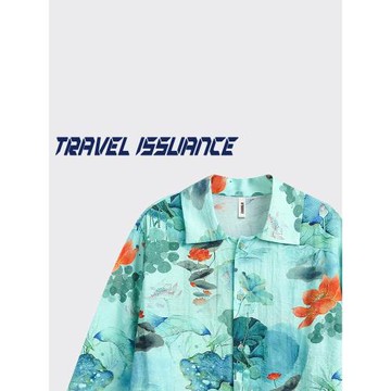 TRAVEL ISSUANCE 一抹翠綠 夏季新中式水墨荷花寬松短袖襯衫情侶