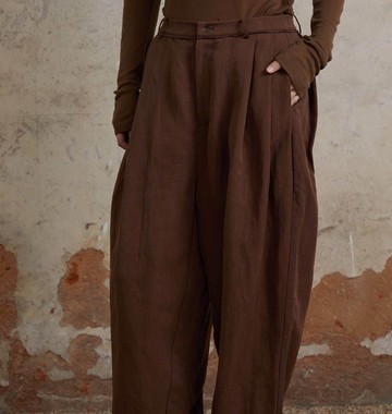 【美拉德風】新中式復古 褶皺亞麻/拖地直筒褲