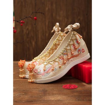 秀禾服婚鞋女中式金色搭配漢服鞋子成人內增高古風繡花鞋古裝布鞋