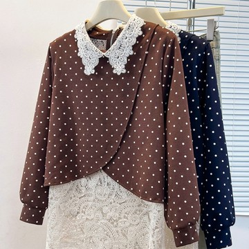 ＊ORead＊波點娃娃領蕾絲假兩件上衣(2色M~3XL)