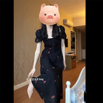 【PING'S🌞】法式 複古 高級感 刺繡 碎花 泡泡 短袖 連衣裙 夏季 氣質 方領 收腰 顯瘦 長裙