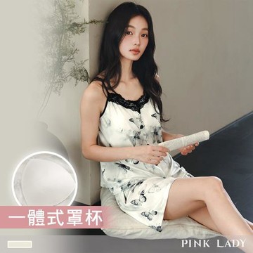 【PINK LADY】罩杯式 墨蝶紛飛 冰絲螺紋兩件式成套睡衣 居家服(女睡衣/細肩帶/自帶胸墊/春夏睡衣) 26177