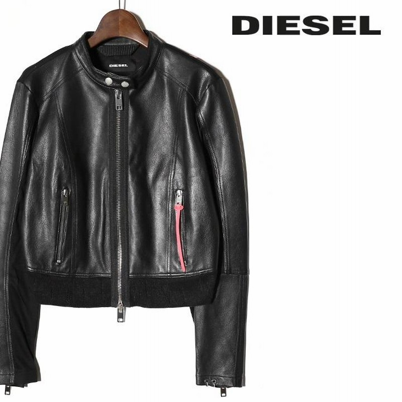 ディーゼル DIESEL レザーブルゾン レディース 羊革×ストレッチコットン 切替 シングルライダースジャケット L-LYSSA-B |  LINEショッピング