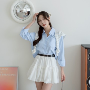 兩件式~素面口袋長袖襯衫+條紋針織披肩 SY95978802【現貨】