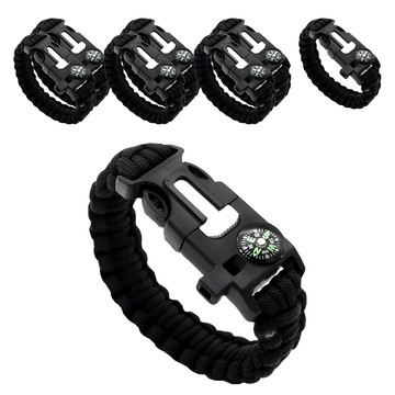 上手家居 5合1露營傘繩手環 傘繩編織/求生手環/戰術手環/登山用品/打火石/口哨/指南針/小刀  黑色  8個